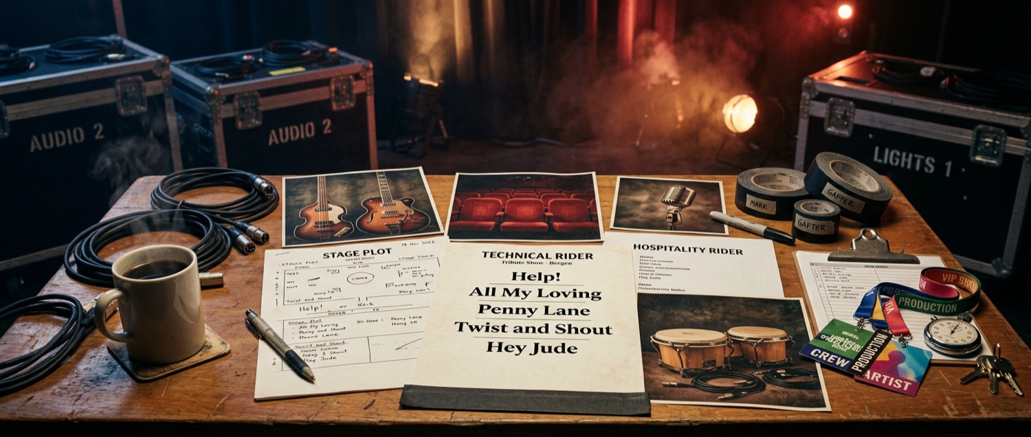 Backstage-bord med stage plot, teknisk rider, hospitality rider, setliste, kabler og promo til arrangør