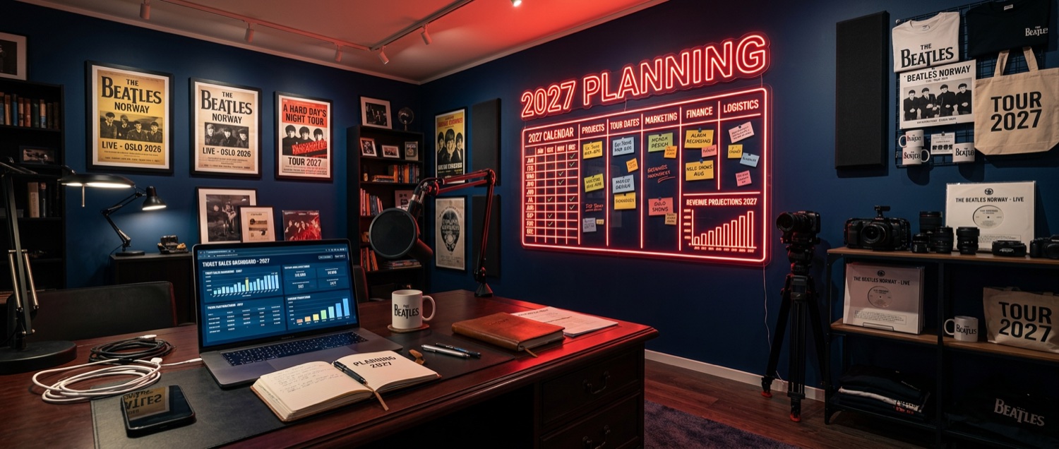 Kreativt arbeidsrom for booking, kampanjer, video, merch og planlegging mot 2027